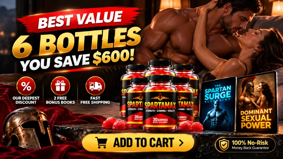 SpartaMax six-bottle gummy supplement bundle with two bonus digital books and a happy couple in a warm romantic setting