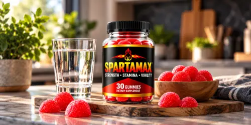 SpartaMax 30-gummy supplement bottle displayed with red gummies and a glass of water